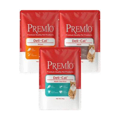 מעדן פרמיו דליקט Premio Deli-cat בטעמים שונים לחתולים 85 גרם – 3 יחידות ב- 10 ש"ח