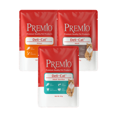 מעדן פרמיו דליקט Premio Deli-cat בטעמים שונים לחתולים 85 גרם – 3 יחידות ב- 10 ש"ח
