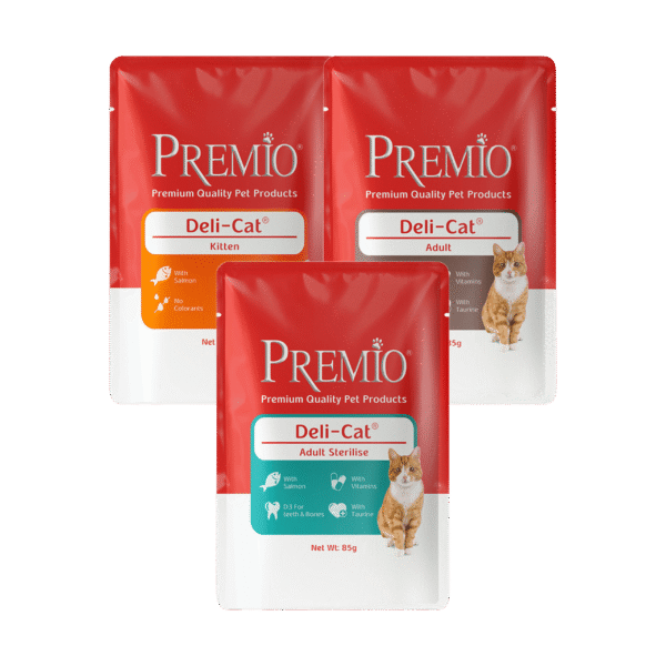 מעדן פרמיו דליקט Premio Deli-cat בטעמים שונים לחתולים 85 גרם – 3 יחידות ב- 10 ש"ח