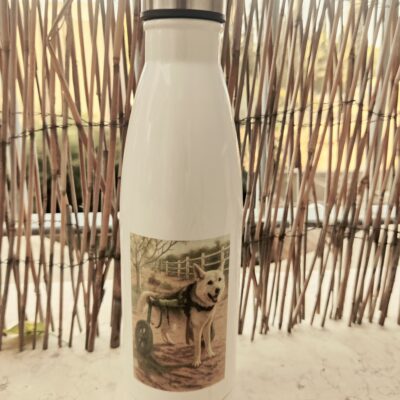 בקבוק תרמי בנפח של 500 מ”ל עם איור של נילה הכלבה ולוגו של חוות קרן אור