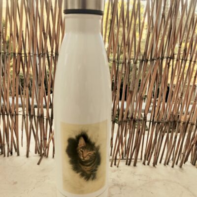 בקבוק תרמי בנפח של 500 מ”ל עם איור של קספר החתול ולוגו של חוות קרן אור