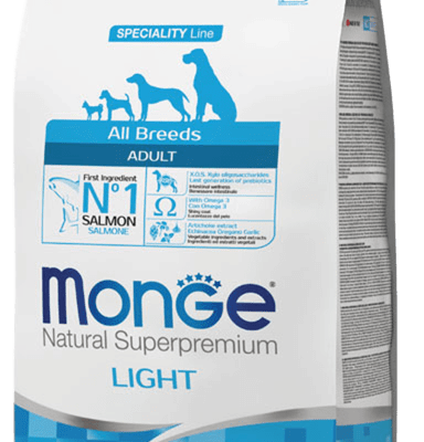 מונג' לייט- מזון יבש מופחת שומן לכלבים בוגרים מכל הגזעים - סלמון ואורז 12 ק"ג