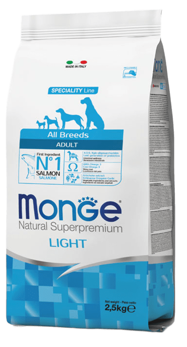 מונג' לייט- מזון יבש מופחת שומן לכלבים בוגרים מכל הגזעים - סלמון ואורז 12 ק"ג