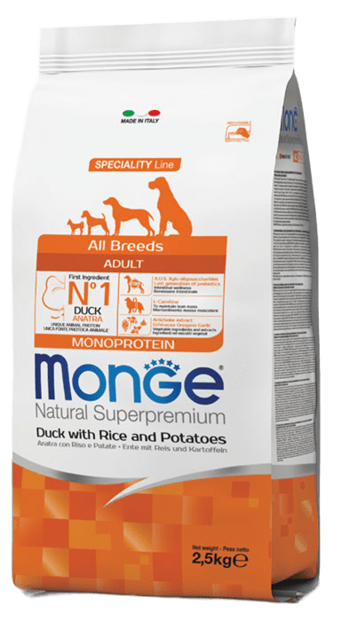 מונג' - מזון יבש לכלבים בוגרים מכל הגזעים - ברווז 12 ק